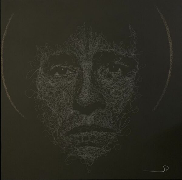 Toile en 100x100cm. Technique polychromos.